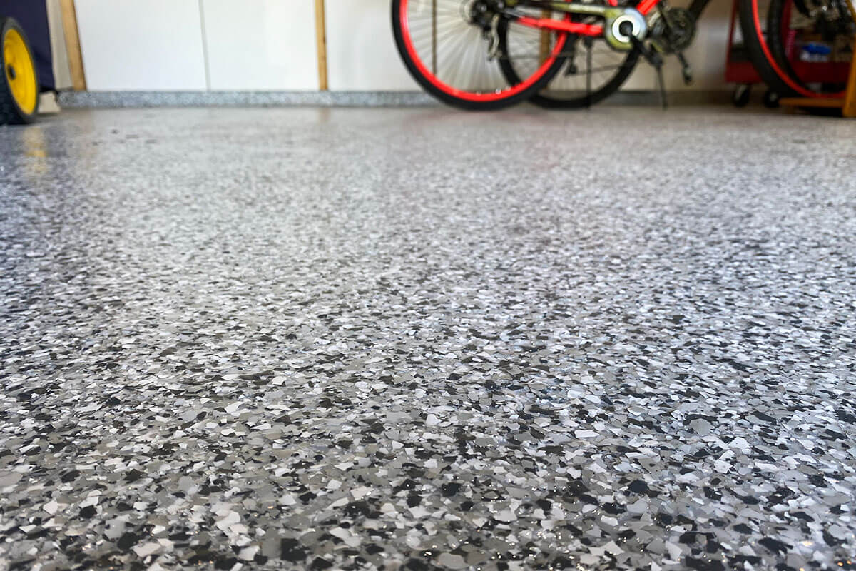 Garage floor coating project in Domino Chips