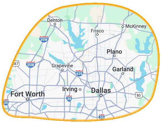 We serve the DFW metro area, including Dallas, Ft. Worth, Plano, Irving, Denton, McKinney, Frisco, Celina and Garland